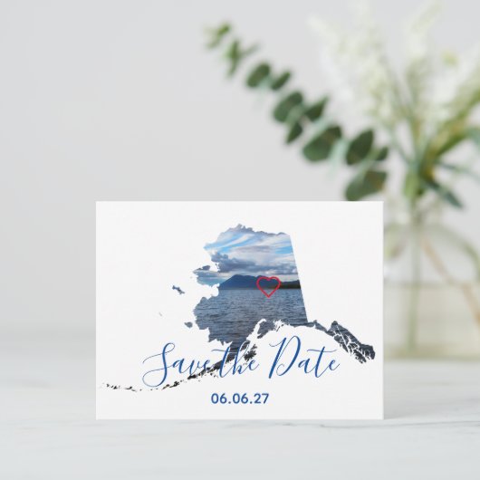 アラスカのシェイプ写真ハートのアウトライン日付の保存 案内ポストカード (スタンド正面)
