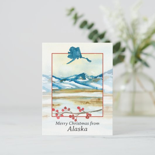 アラスカのツンドラ冬山からのメリークリスマス シーズンポストカード (スタンド正面)