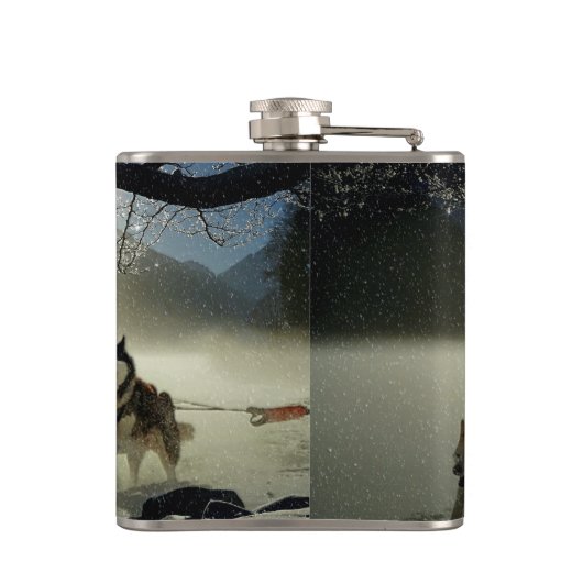 アラスカのハスキー犬ぞりレース フラスク (裏面)