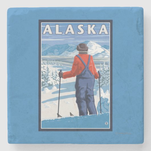 アラスカのヴィンテージ旅行ポスターのスキー ストーンコースター (正面)