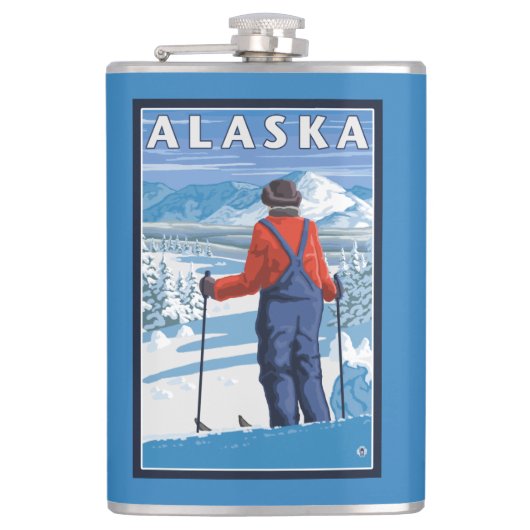 アラスカのヴィンテージ旅行ポスターのスキー フラスク (正面)