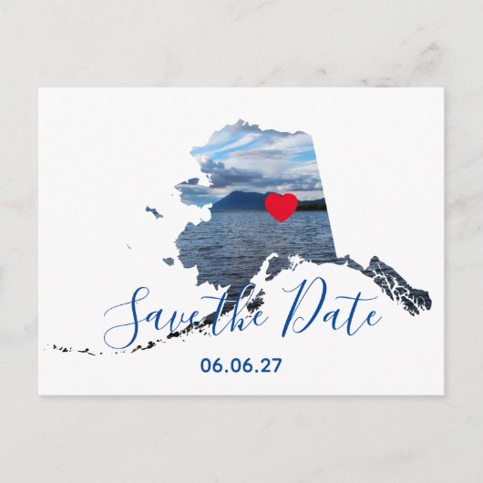 アラスカの形の写真 赤いハート Save the Date 案内ポストカード (正面)