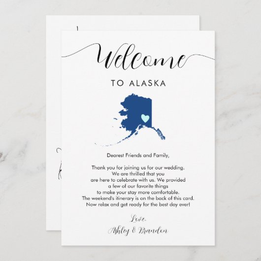 アラスカの結婚ウェルカムレターの旅程 (正面/裏面)