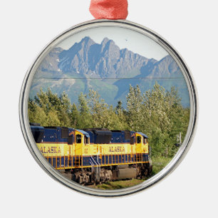 アラスカの鉄道機関車及び山 メタルオーナメント