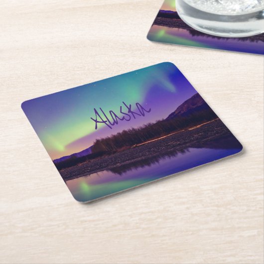 アラスカノーザンライツマウンテンズレイク スクエアペーパーコースター (アングル)