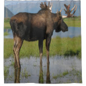 アラスカブルムースと〔雄ジカの〕枝角ラック屋外フォト シャワーカーテン (正面)