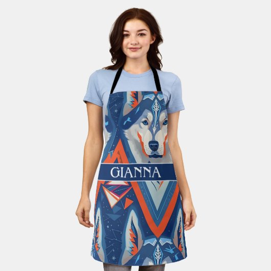 アラスカンのハスキー幾何カラフル模様 エプロン (着用した状態)
