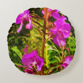 アラスカンファイアウィードピンクワイルドフラワー抽象芸術 ラウンドクッション (正面)