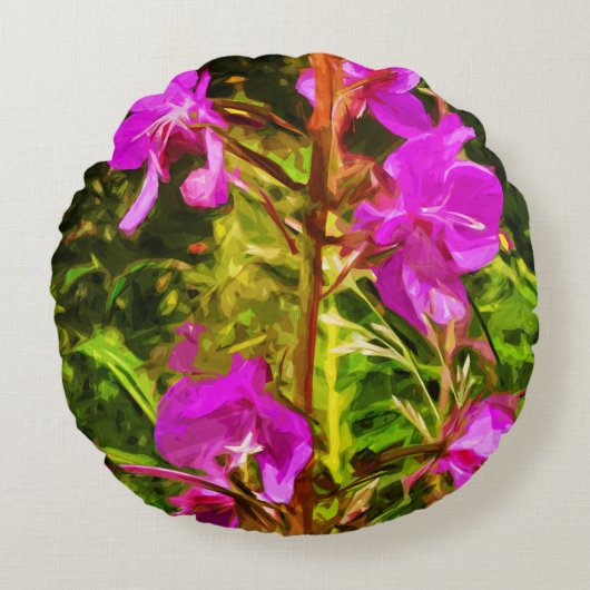 アラスカンファイアウィードピンクワイルドフラワー抽象芸術 ラウンドクッション (正面)