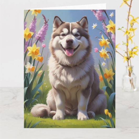 アラスカンマラミュート犬の春の花の絵 カード (黄色い花)