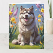 アラスカンマラミュート犬の春の花の絵 カード (正面)