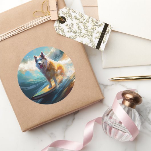 アラスカンマラムテビーチサーフィン絵画ズ ラウンドシール (ギフト)