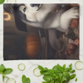 アラスカンマラムートカボンプキンハロウィンホラー キッチンタオル (折り畳み)