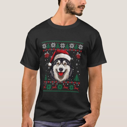 アラスカンマラムートクリスマスサンタ醜いセーター犬 Tシャツ (正面)