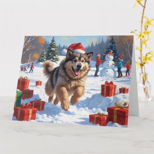 アラスカンマラムートクリスマスフェスティバルスノーシーン カード (黄色い花)