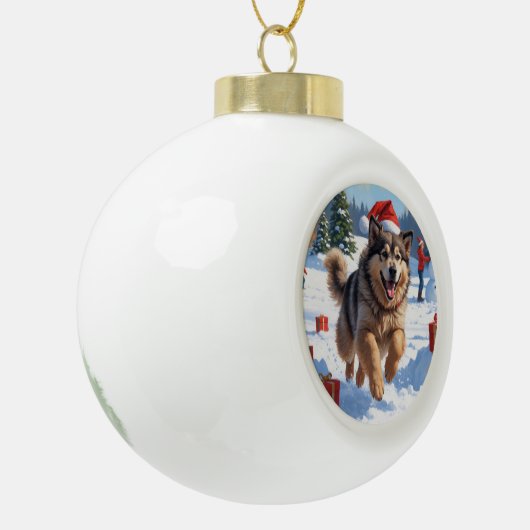アラスカンマラムートクリスマスフェスティバルスノーシーン セラミックボールオーナメント (左)