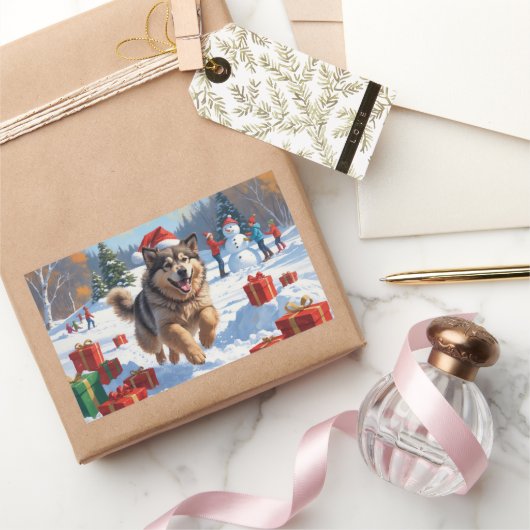 アラスカンマラムートクリスマスフェスティバルスノーシーン 長方形シール (ギフト)