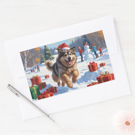 アラスカンマラムートクリスマスフェスティバルスノーシーン 長方形シール (封筒)