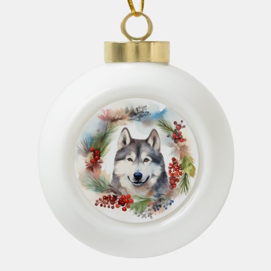 アラスカンマラムートクリスマスリースフェスティバルカップ セラミックボールオーナメント (正面)