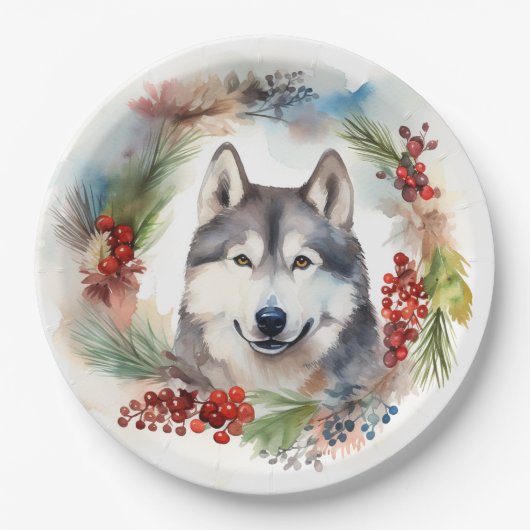 アラスカンマラムートクリスマスリースフェスティバルカップ ペーパープレート (正面)