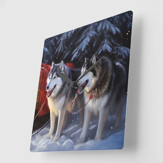 アラスカンマラムートスノースイードライドクリスマス スクエア壁時計 (傾斜)