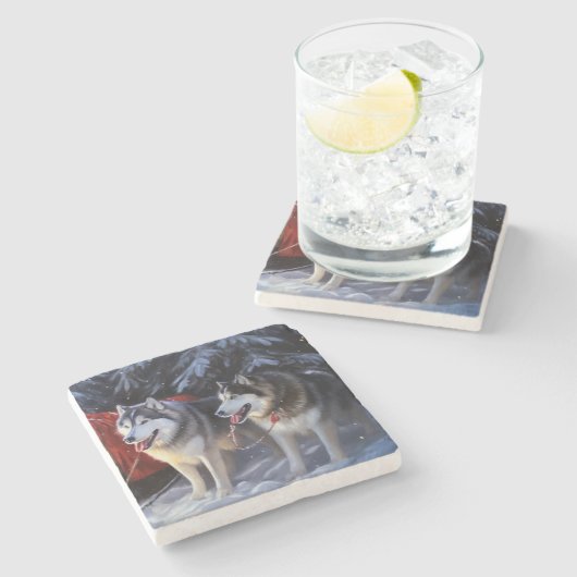 アラスカンマラムートスノースイードライドクリスマス ストーンコースター (横)