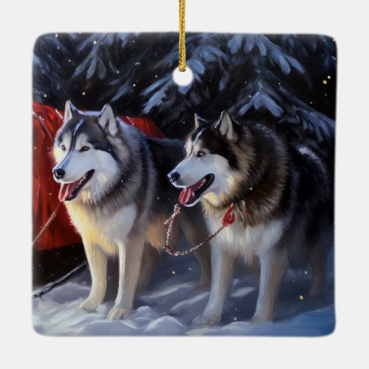 アラスカンマラムートスノースイードライドクリスマス セラミックオーナメント (裏面)