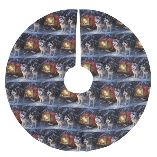 アラスカンマラムートスノースイードライドクリスマス ブラッシュドポリエステルツリースカート (正面)