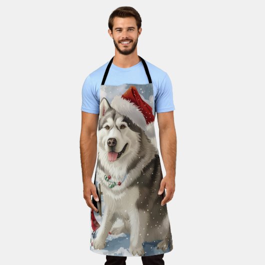 アラスカンマラムートドッグウィンターワンダーランドクリスマス エプロン (着用した状態)