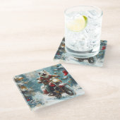 アラスカンマラムートドッグオートバイクリスマス ガラスコースター (アングル)