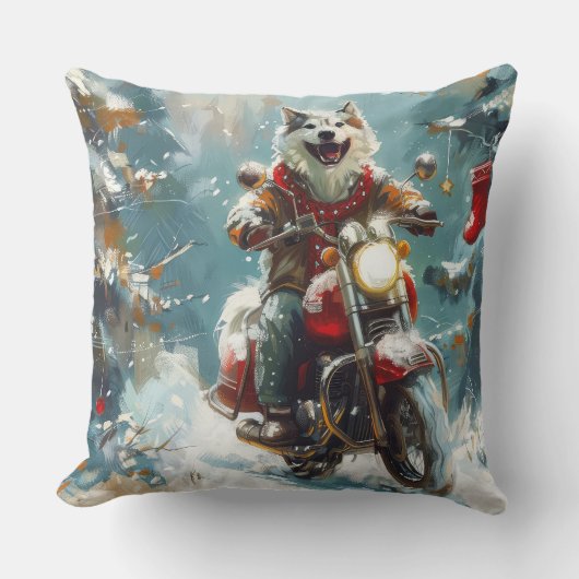 アラスカンマラムートドッグオートバイクリスマス クッション (正面)
