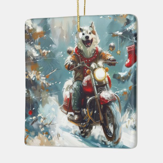 アラスカンマラムートドッグオートバイクリスマス セラミックオーナメント (左)