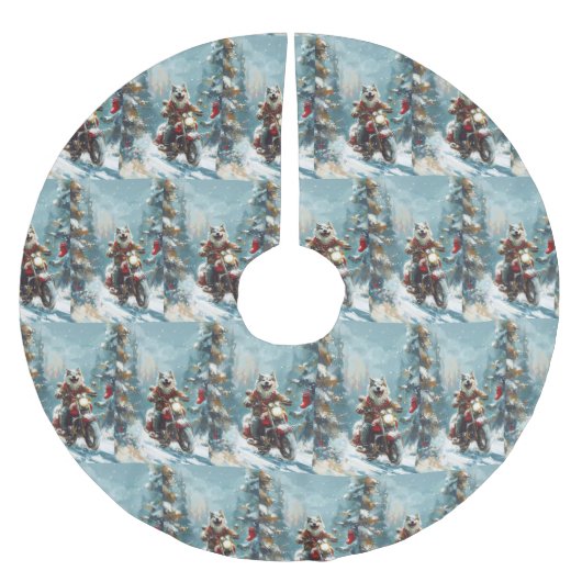 アラスカンマラムートドッグオートバイクリスマス ブラッシュドポリエステルツリースカート (正面)