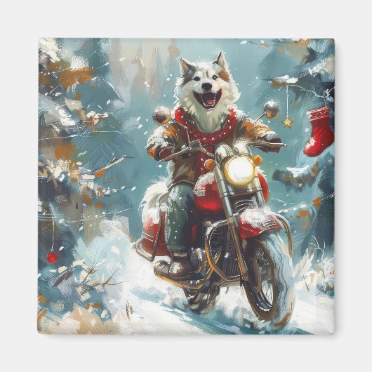 アラスカンマラムートドッグオートバイクリスマス マグネット (正面)