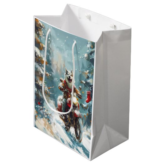 アラスカンマラムートドッグオートバイクリスマス ミディアムペーパーバッグ (正面アングル)