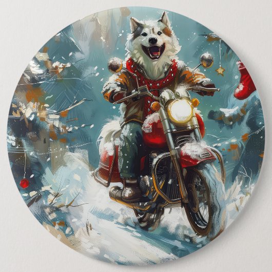 アラスカンマラムートドッグオートバイクリスマス 缶バッジ (正面)