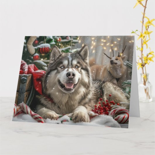 アラスカンマラムートドッグクリスマスフェスティバル カード (黄色い花)