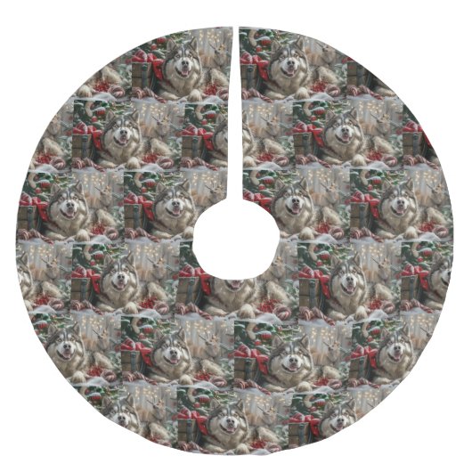 アラスカンマラムートドッグクリスマスフェスティバル ブラッシュドポリエステルツリースカート (正面)