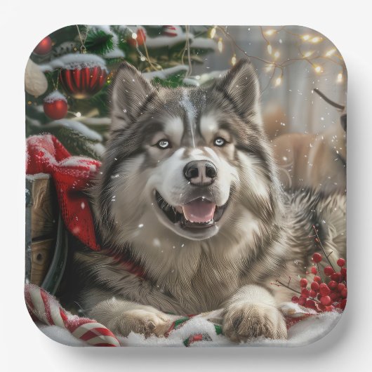 アラスカンマラムートドッグクリスマスフェスティバル ペーパープレート (正面)