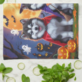 アラスカンマラムートドッグスパンプキンハロウィンおもしろい キッチンタオル (折り畳み)