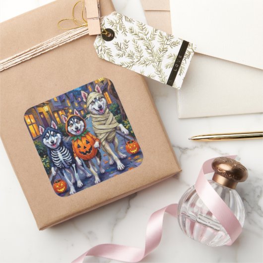 アラスカンマラムートドッグズトリックまたはトリートハロウィーン スクエアシール (ギフト)