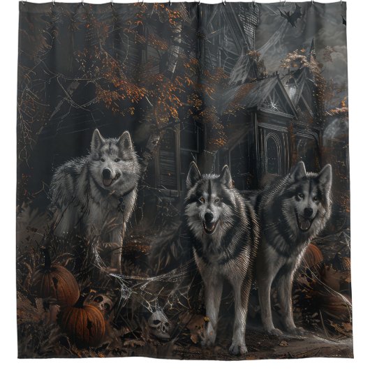 アラスカンマラムートハロウィンナイトドギーディライト シャワーカーテン (正面)