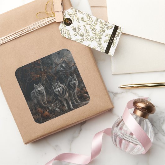 アラスカンマラムートハロウィンナイトドギーディライト スクエアシール (ギフト)