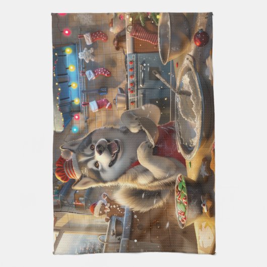 アラスカンマラムートホリデーベーキング:フェスティバルクリスマス キッチンタオル (縦)