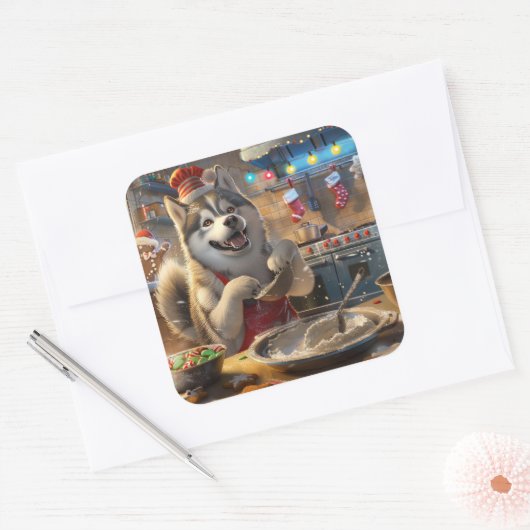 アラスカンマラムートホリデーベーキング:フェスティバルクリスマス スクエアシール (封筒)