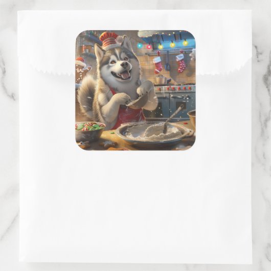 アラスカンマラムートホリデーベーキング:フェスティバルクリスマス スクエアシール (バッグ)