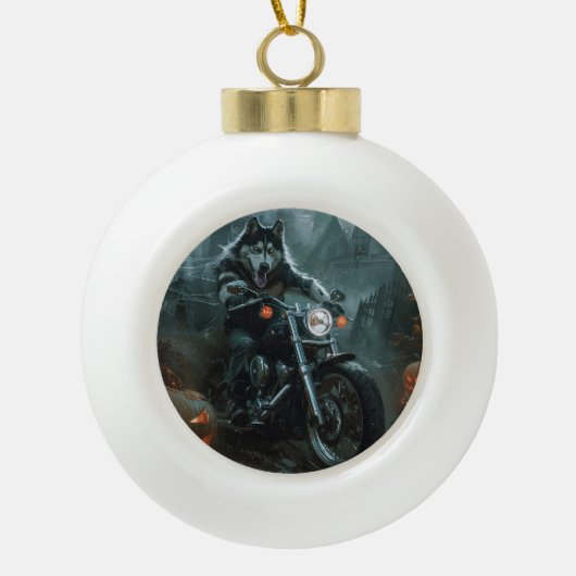 アラスカンマラムートライディングオートバイハロウィーン怖い セラミックボールオーナメント (正面)