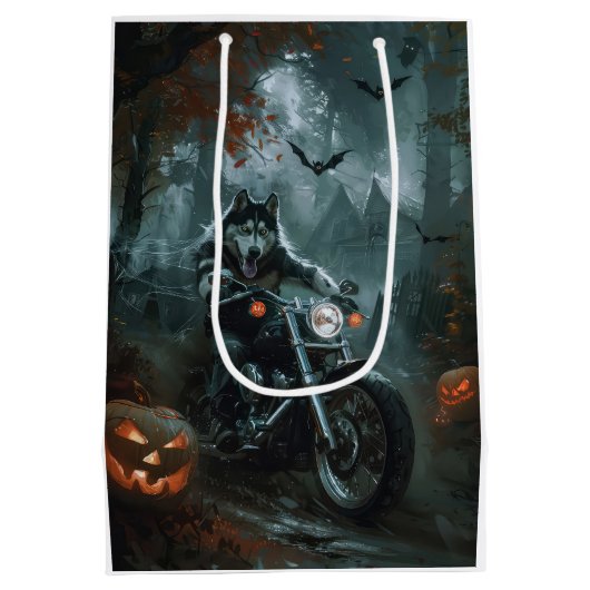 アラスカンマラムートライディングオートバイハロウィーン怖い ミディアムペーパーバッグ (裏面)