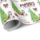 アラスカンマラムート犬、鳥とクリスマスツリー ラッピングペーパー (ロールコーナー)