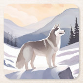 アラスカン・ハスキー | 山の水彩画の犬 スクエアペーパーコースター (正面)